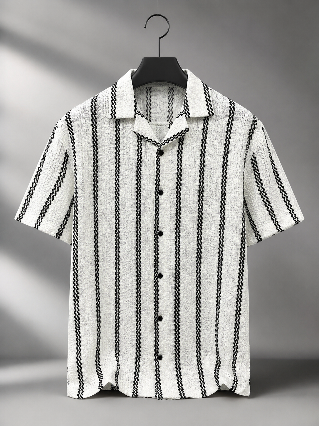 Men's White Textured Vertical Stripe Knitted Cuban Collar Shirt