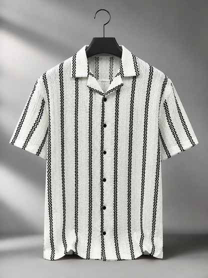 Men's White Textured Vertical Stripe Knitted Cuban Collar Shirt