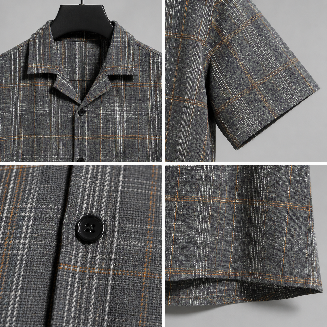 Men's Grey Checkered Cuban Collar Short Sleeve Casual Shirt