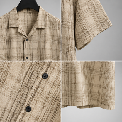 Men's Beige Checkered Cuban Collar Short Sleeve Casual Shirt