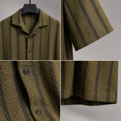 Men's Olive Green Textured Vertical Stripe Knitted Cuban Collar Shirt