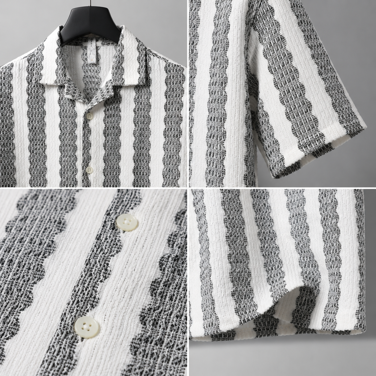 Men's Black Textured Vertical Stripe Cuban Collar Resort Shirt