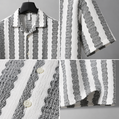 Men's Black Textured Vertical Stripe Cuban Collar Resort Shirt