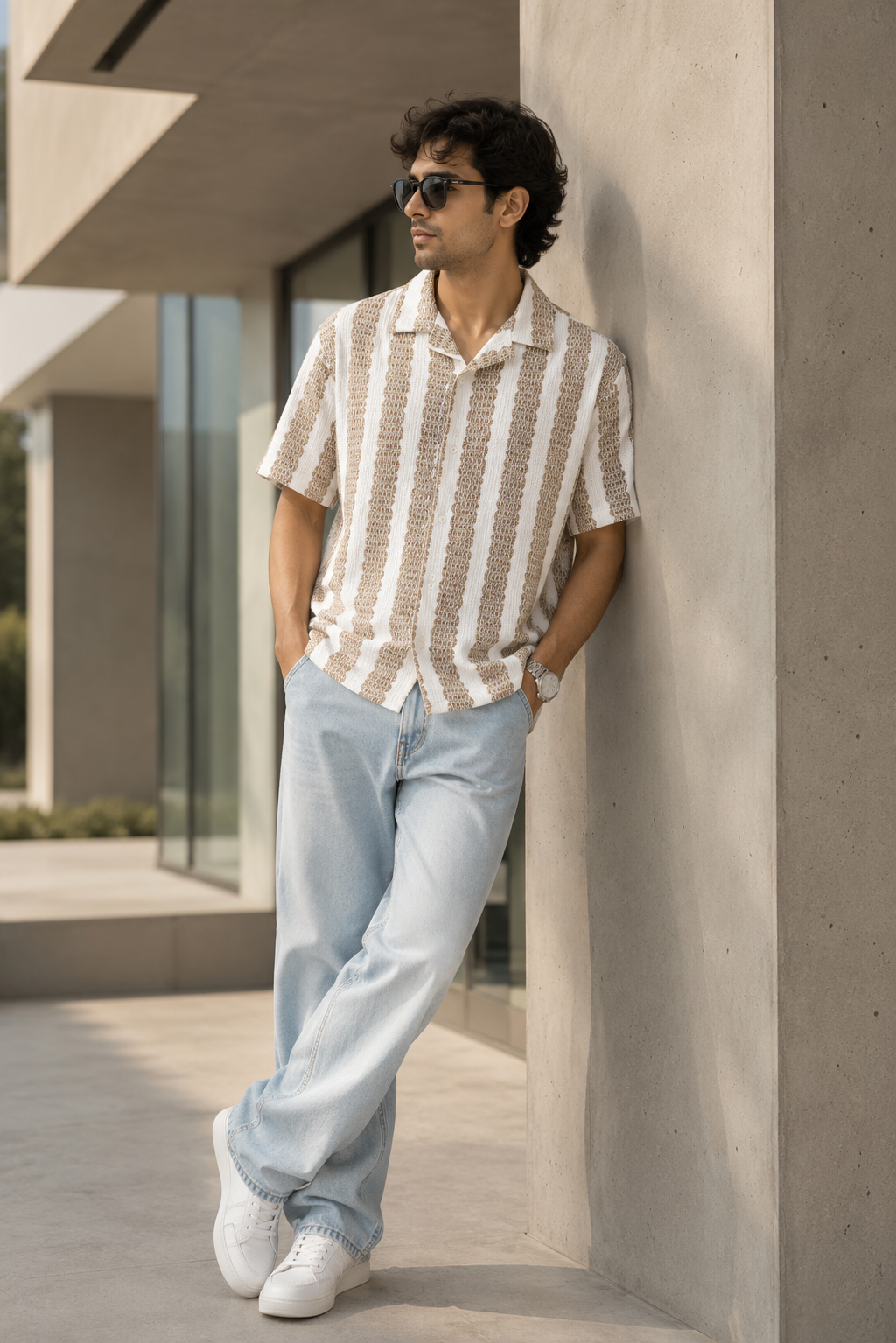 Men's Beige Textured Vertical Stripe Cuban Collar Resort Shirt