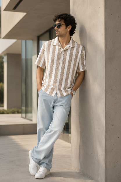 Men's Beige Textured Vertical Stripe Cuban Collar Resort Shirt