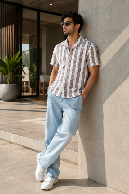 Men's Burgundy Textured Vertical Stripe Cuban Collar Resort Shirt