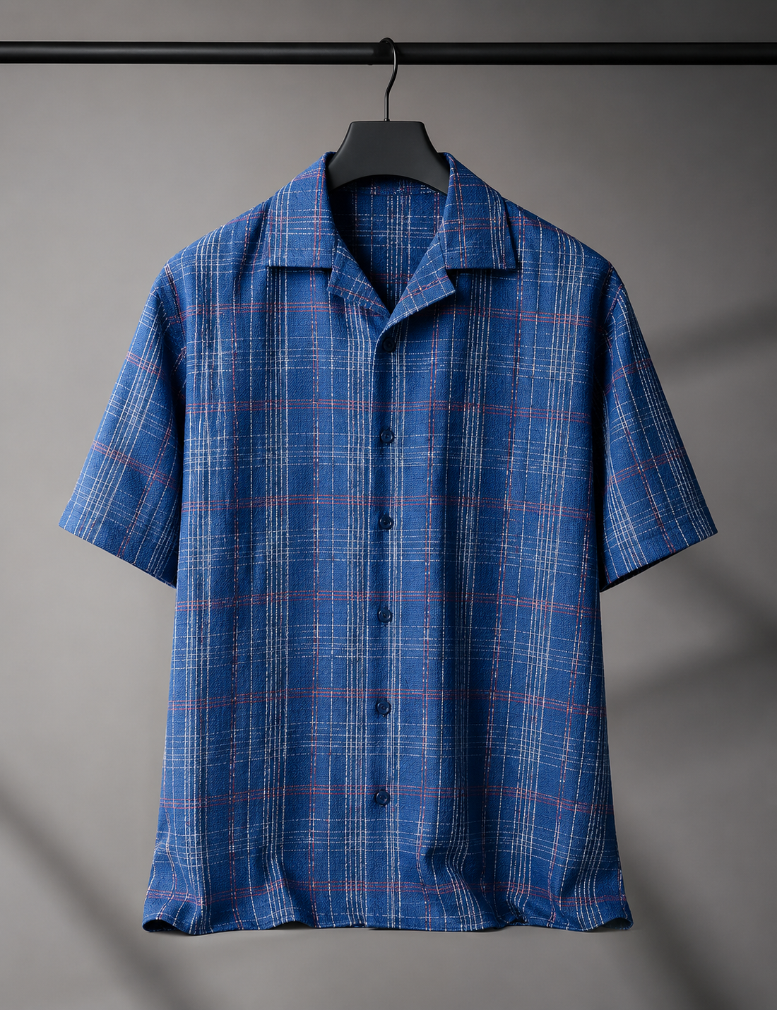 Men's Royal Blue Checkered Cuban Collar Short Sleeve Casual Shirt