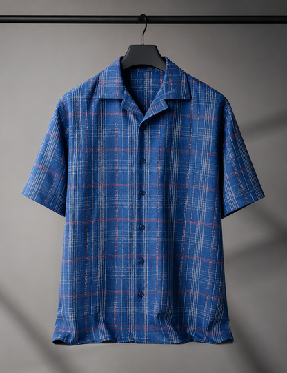 Men's Royal Blue Checkered Cuban Collar Short Sleeve Casual Shirt