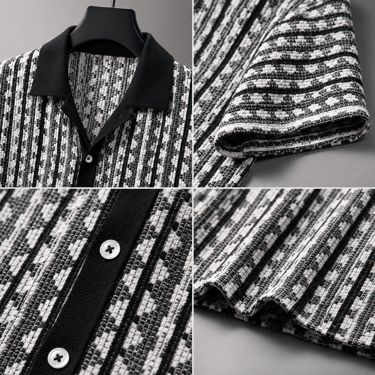 Men's Black White Textured Knitted Cuban Collar Resort Shirt
