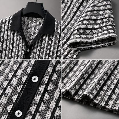 Men's Black White Textured Knitted Cuban Collar Resort Shirt