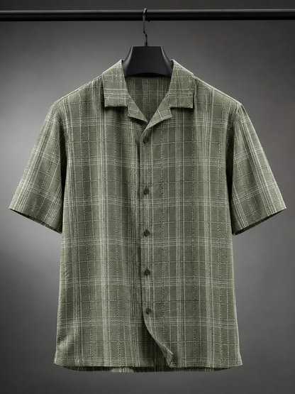 Men's Sage Green Textured Checkered Cuban Collar Casual Shirt