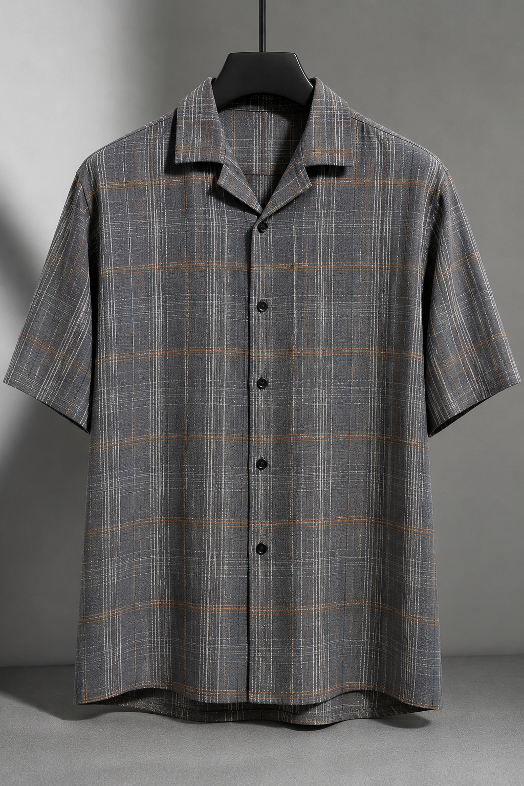 Men's Grey Checkered Cuban Collar Short Sleeve Casual Shirt