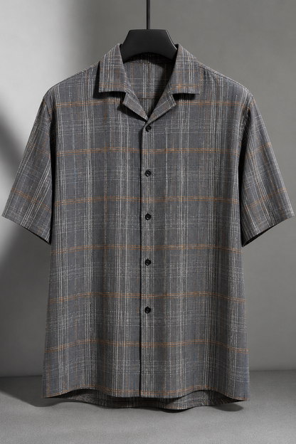 Men's Grey Checkered Cuban Collar Short Sleeve Casual Shirt
