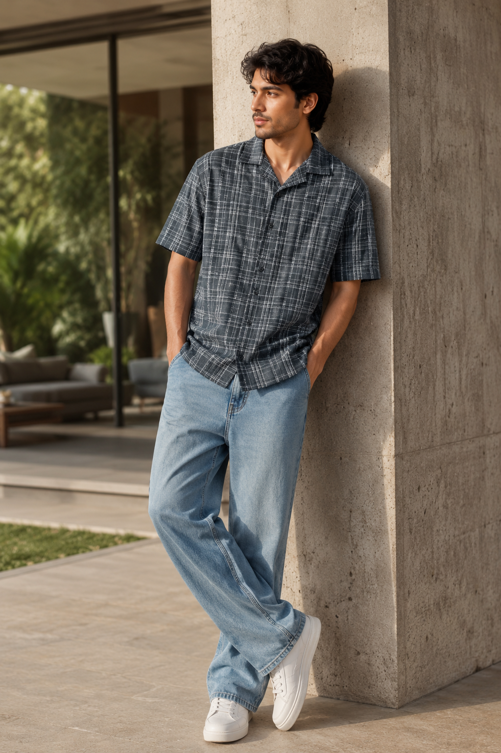 Men's Charcoal Grey Textured Checkered Cuban Collar Casual Shirt