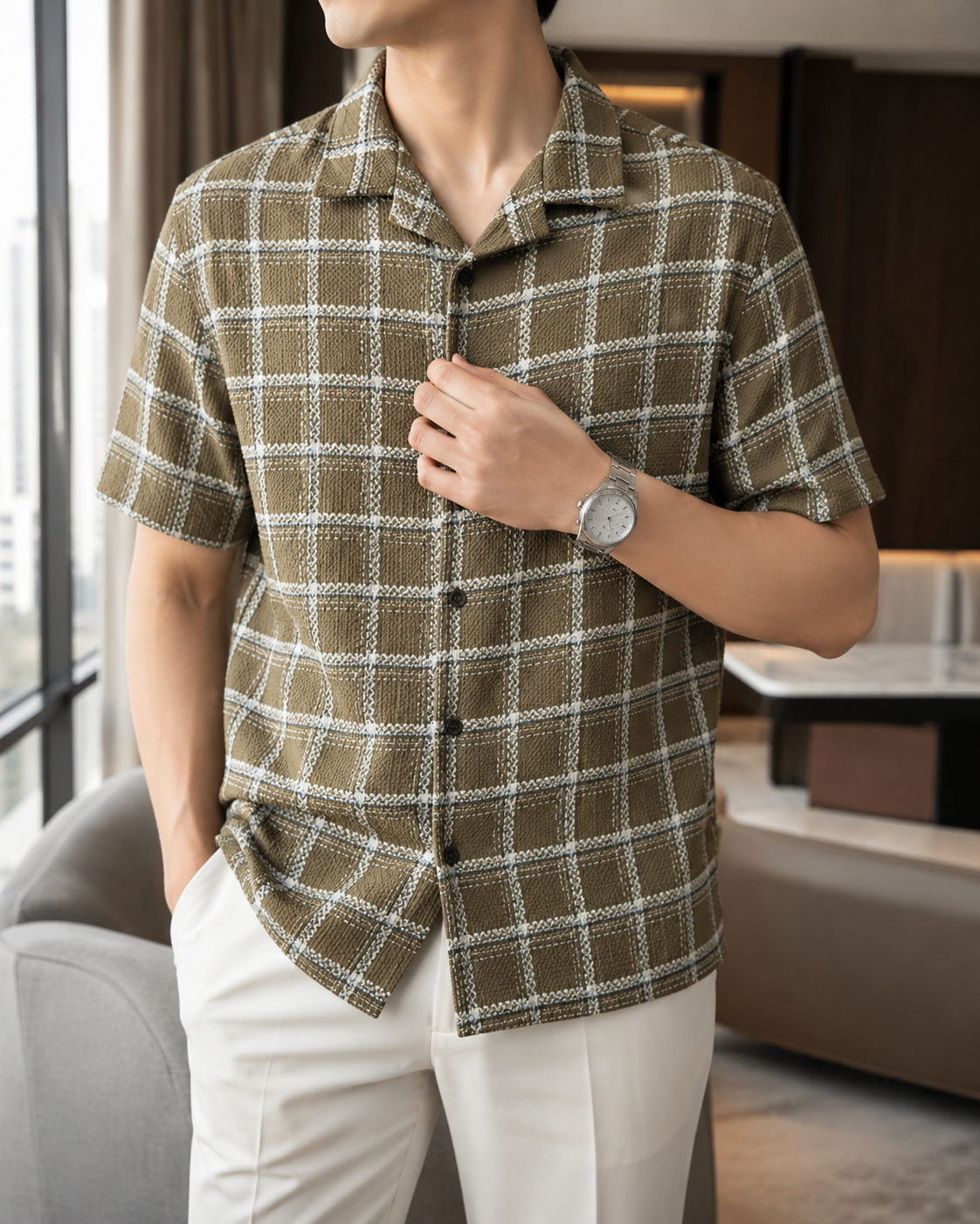 Men's Olive Green Checkered Cuban Collar Short Sleeve Casual Shirt