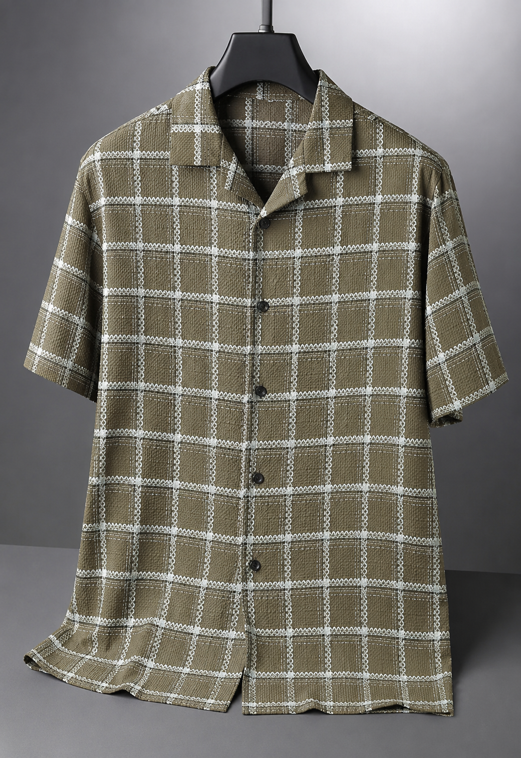 Men's Olive Green Checkered Cuban Collar Short Sleeve Casual Shirt