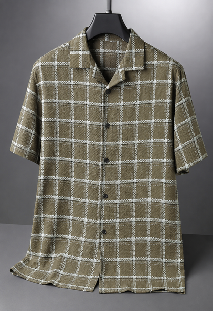 Men's Olive Green Checkered Cuban Collar Short Sleeve Casual Shirt