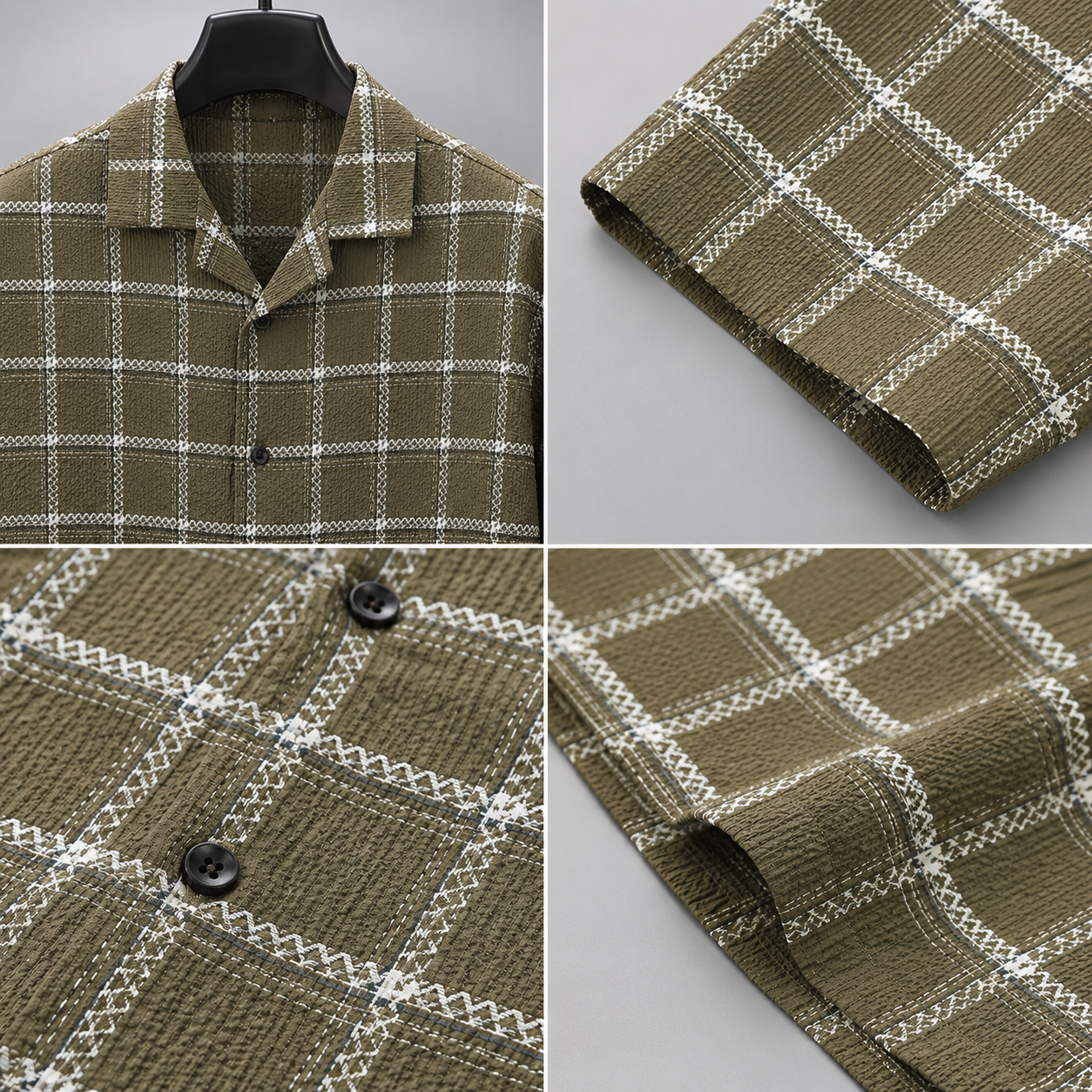 Men's Olive Green Checkered Cuban Collar Short Sleeve Casual Shirt