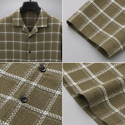 Men's Olive Green Checkered Cuban Collar Short Sleeve Casual Shirt