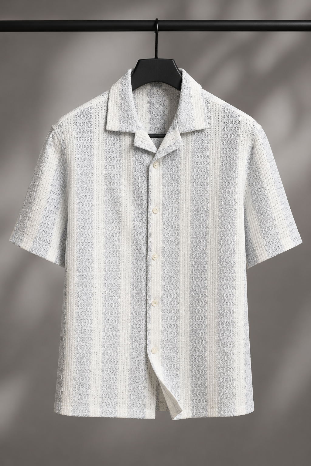 Men's White Textured Vertical Stripe Cuban Collar Resort Shirt