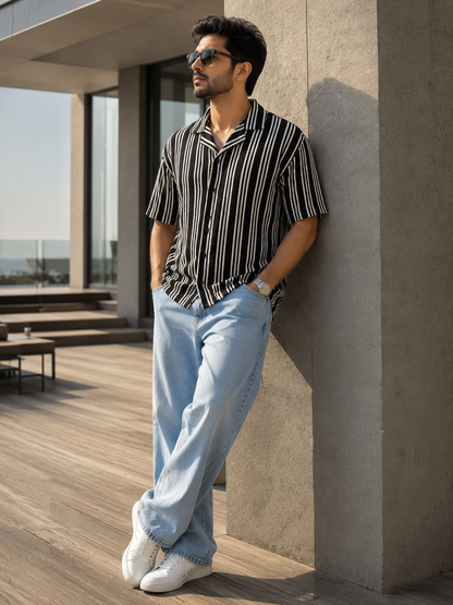 Men's Black & White Vertical Stripe Cuban Collar Casual Shirt