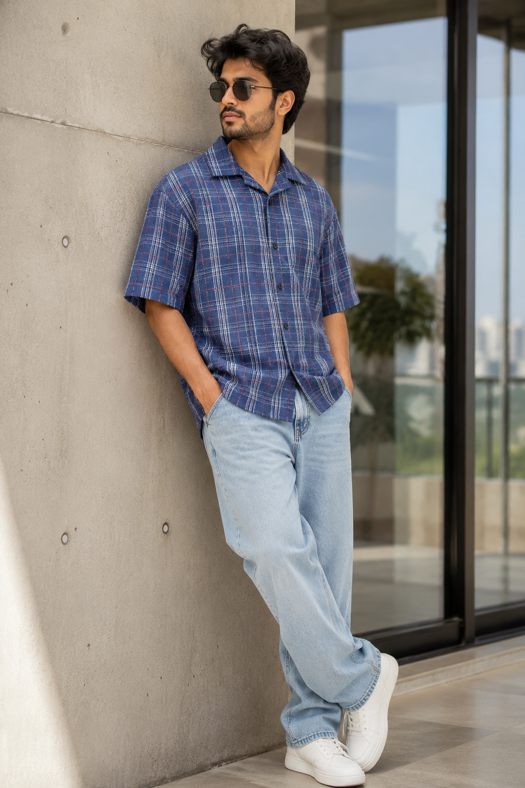 Men's Royal Blue Checkered Cuban Collar Short Sleeve Casual Shirt