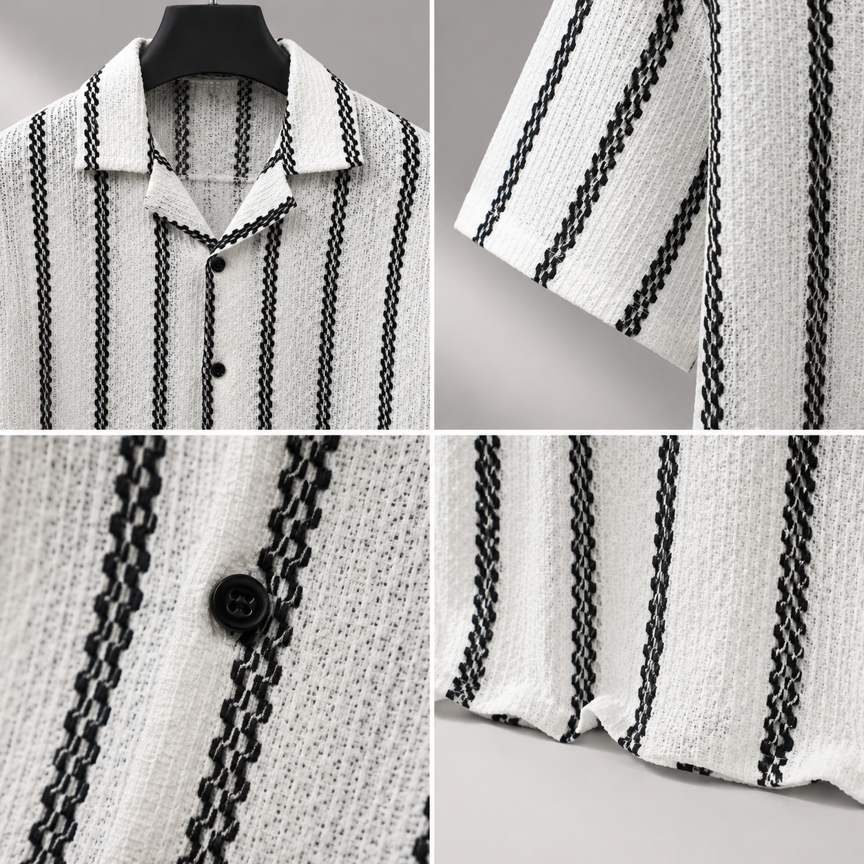 Men's White Textured Vertical Stripe Knitted Cuban Collar Shirt