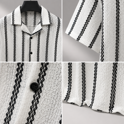 Men's White Textured Vertical Stripe Knitted Cuban Collar Shirt