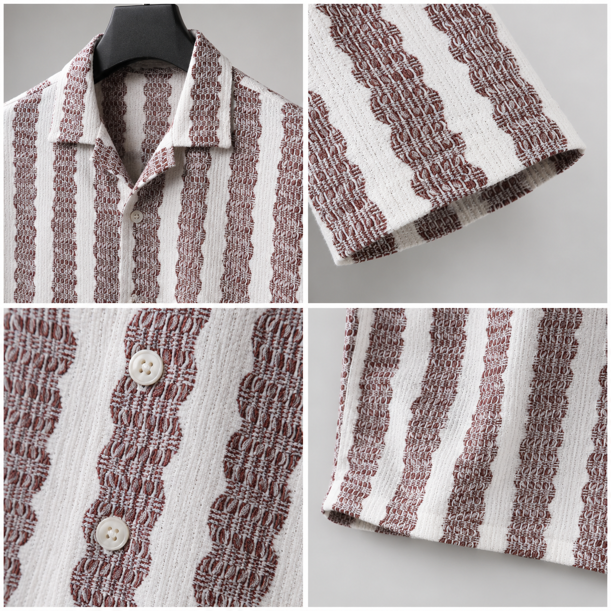 Men's Burgundy Textured Vertical Stripe Cuban Collar Resort Shirt