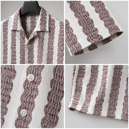 Men's Burgundy Textured Vertical Stripe Cuban Collar Resort Shirt