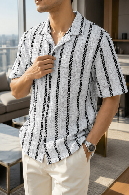 Men's Light Grey Textured Vertical Stripe Knitted Cuban Collar Shirt