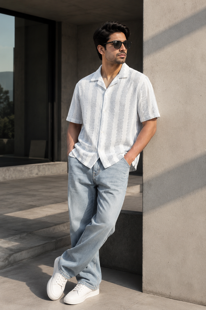 Men's White Textured Vertical Stripe Cuban Collar Resort Shirt