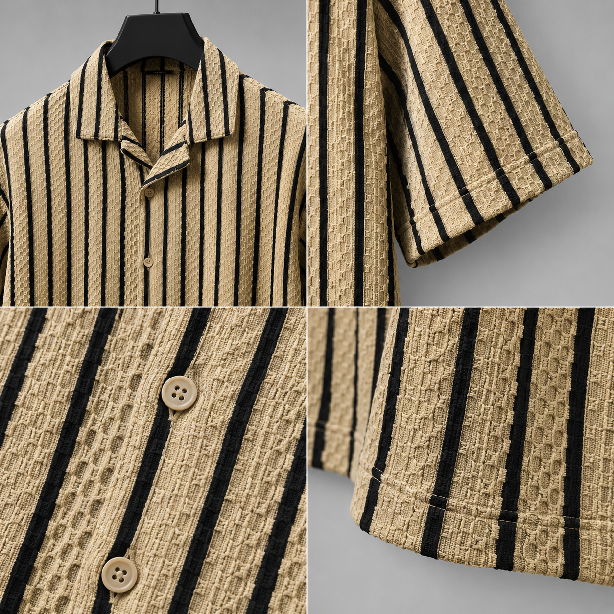 Men's Beige Textured Vertical Stripe Cuban Collar Casual Shirt