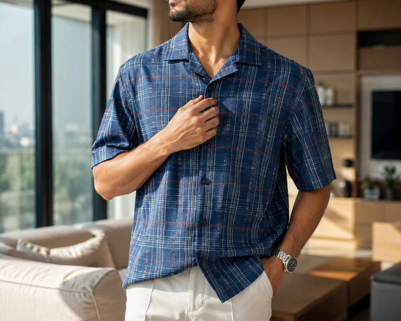 Men's Royal Blue Checkered Cuban Collar Short Sleeve Casual Shirt