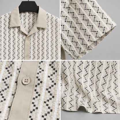 Men's Cream Geometric Textured Cuban Collar Resort Summer Shirt
