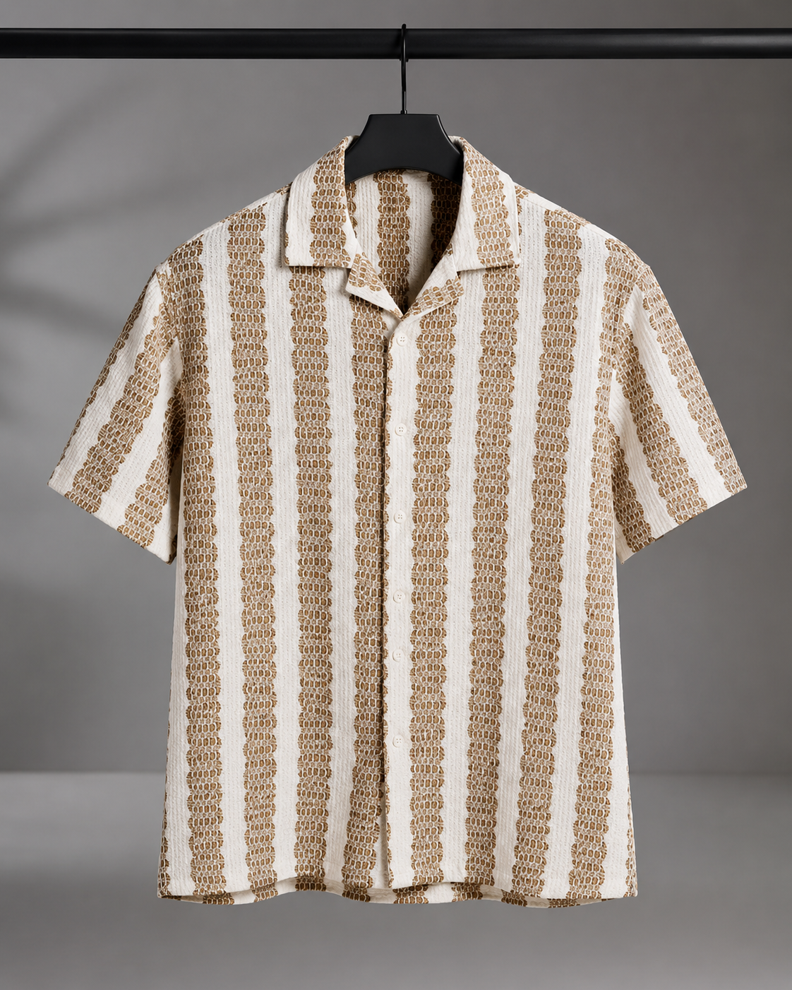 Men's Beige Textured Vertical Stripe Cuban Collar Resort Shirt