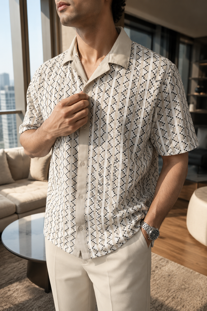 Men's Cream Geometric Textured Cuban Collar Resort Summer Shirt