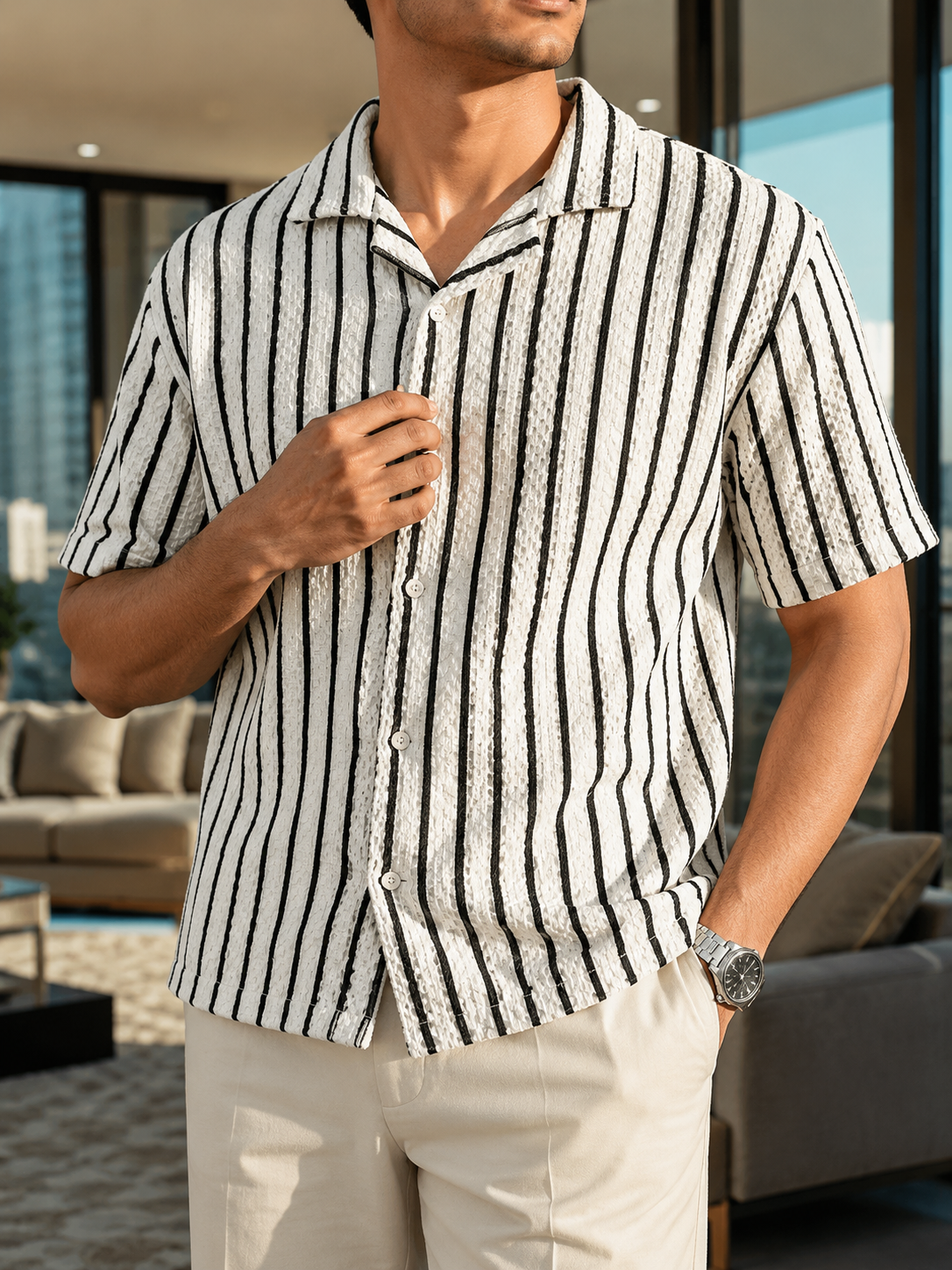 Men's White Vertical Stripe Cuban Collar Textured Casual Shirt