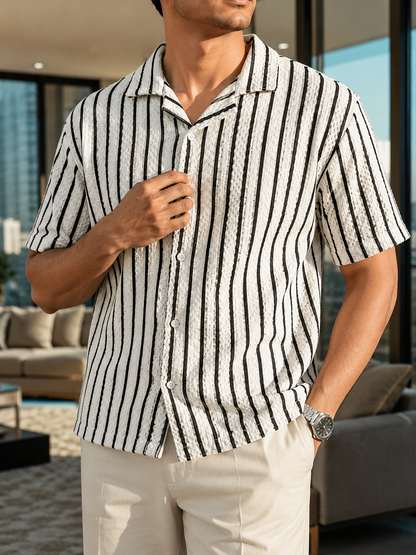 Men's White Vertical Stripe Cuban Collar Textured Casual Shirt