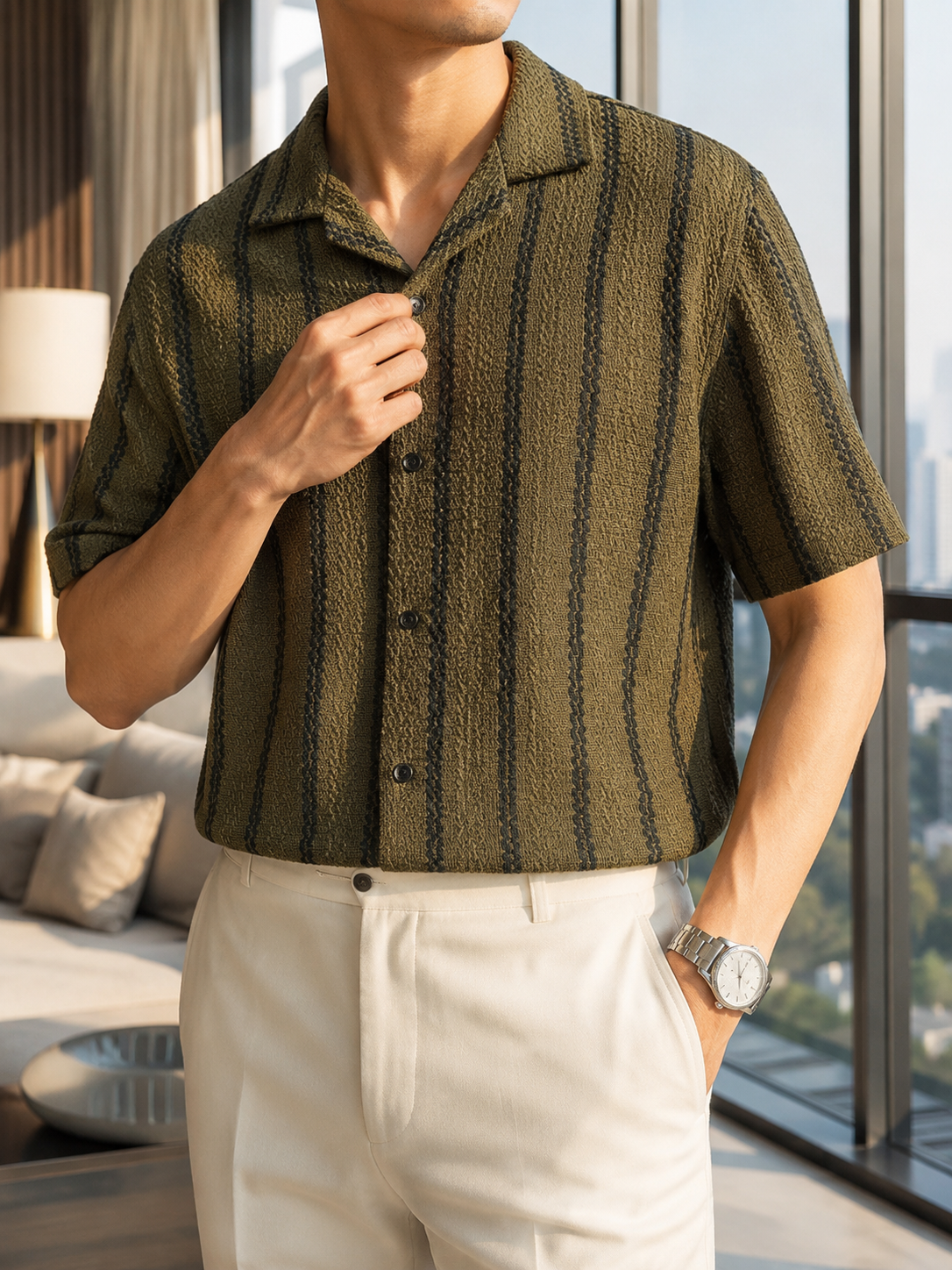 Men's Olive Green Textured Vertical Stripe Knitted Cuban Collar Shirt