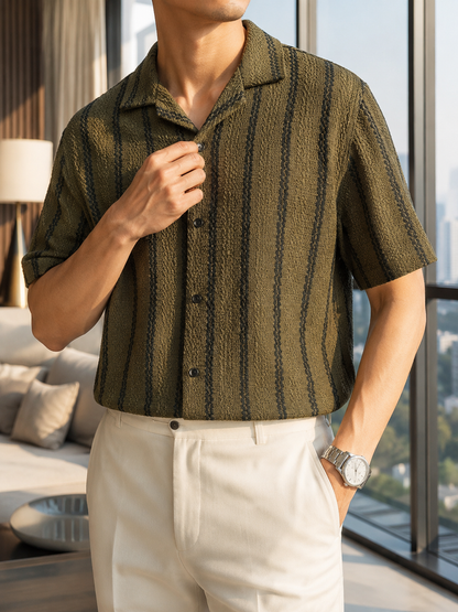 Men's Olive Green Textured Vertical Stripe Knitted Cuban Collar Shirt
