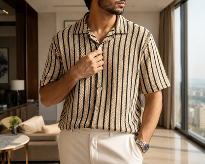 Men's Beige Textured Vertical Stripe Cuban Collar Casual Shirt
