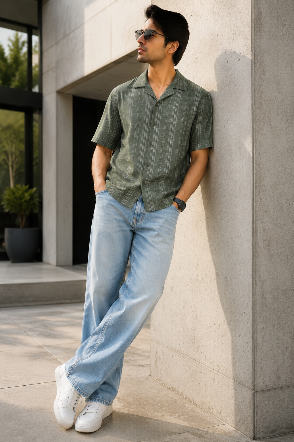 Men's Sage Green Textured Checkered Cuban Collar Casual Shirt