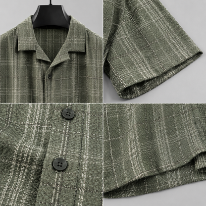 Men's Sage Green Textured Checkered Cuban Collar Casual Shirt