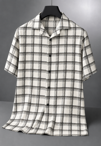 Men's White Checkered Textured Cuban Collar Half Sleeve Casual Shirt