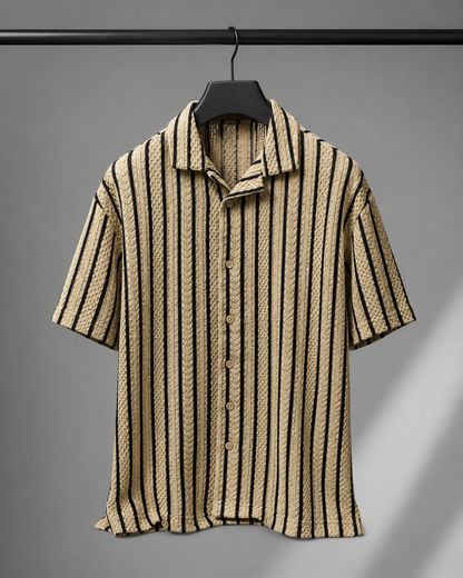Men's Beige Textured Vertical Stripe Cuban Collar Casual Shirt