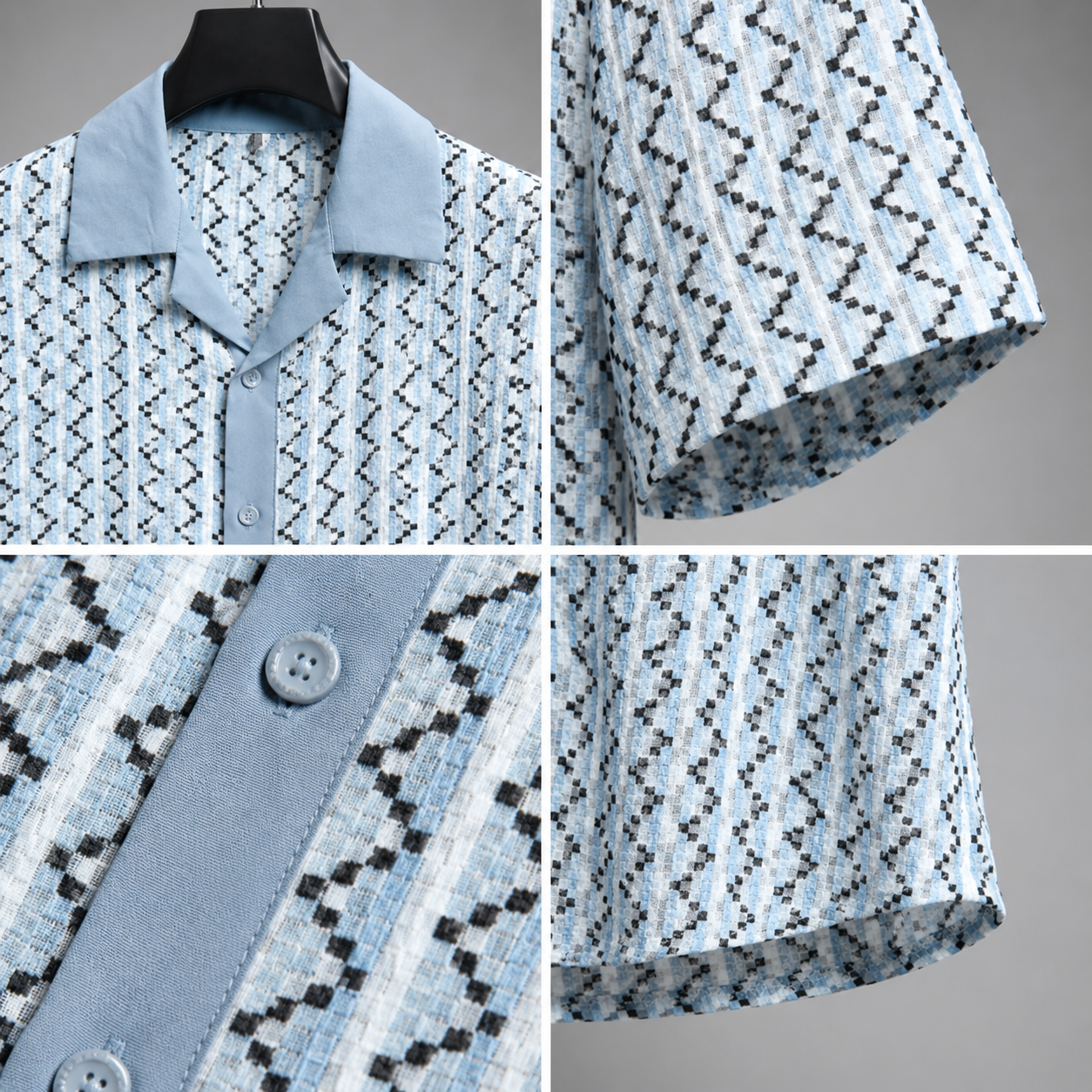 Men's Sky Blue Geometric Cuban Collar Textured Resort Shirt