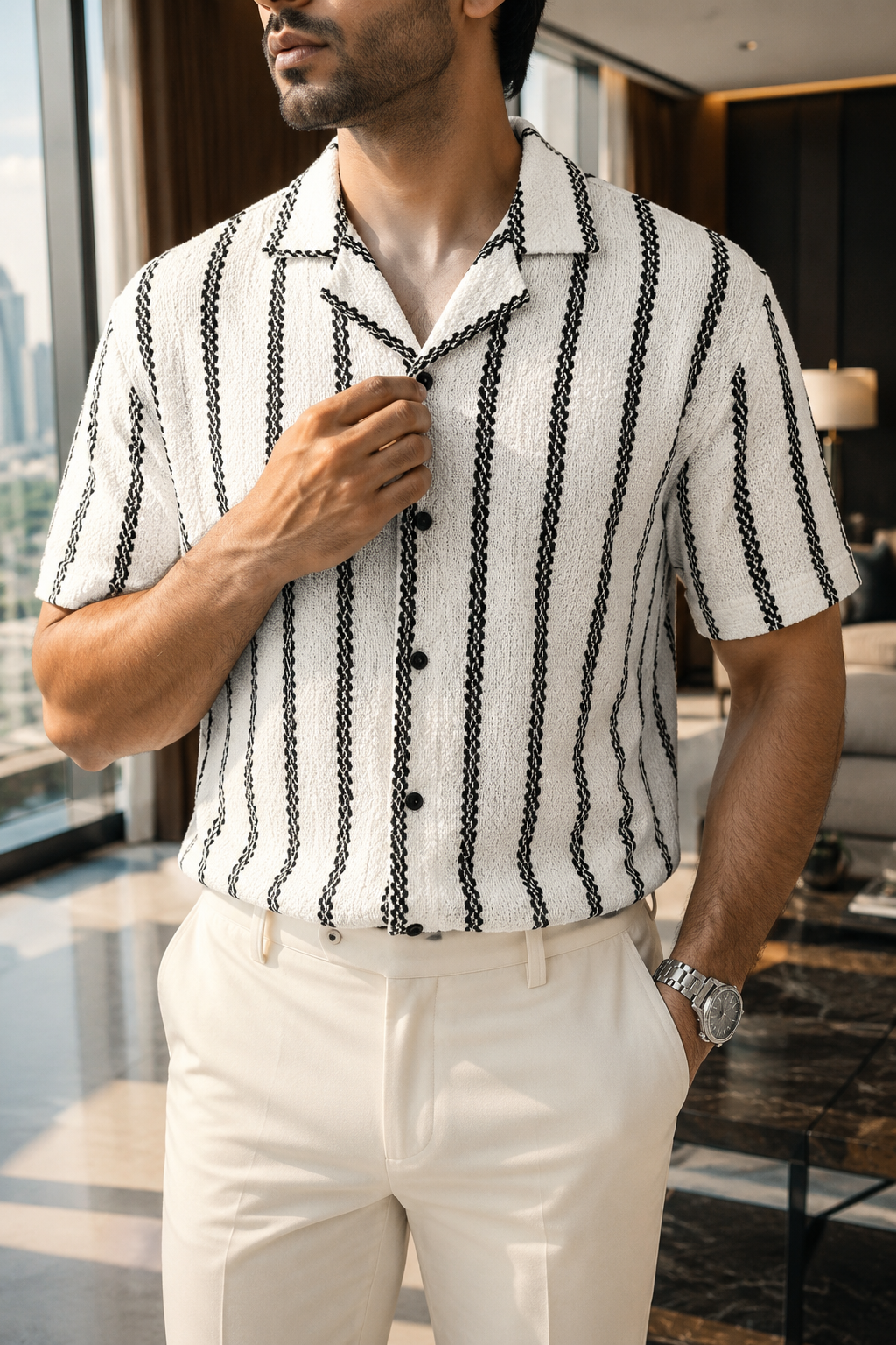 Men's White Textured Vertical Stripe Knitted Cuban Collar Shirt