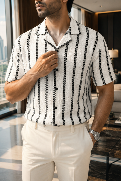 Men's White Textured Vertical Stripe Knitted Cuban Collar Shirt