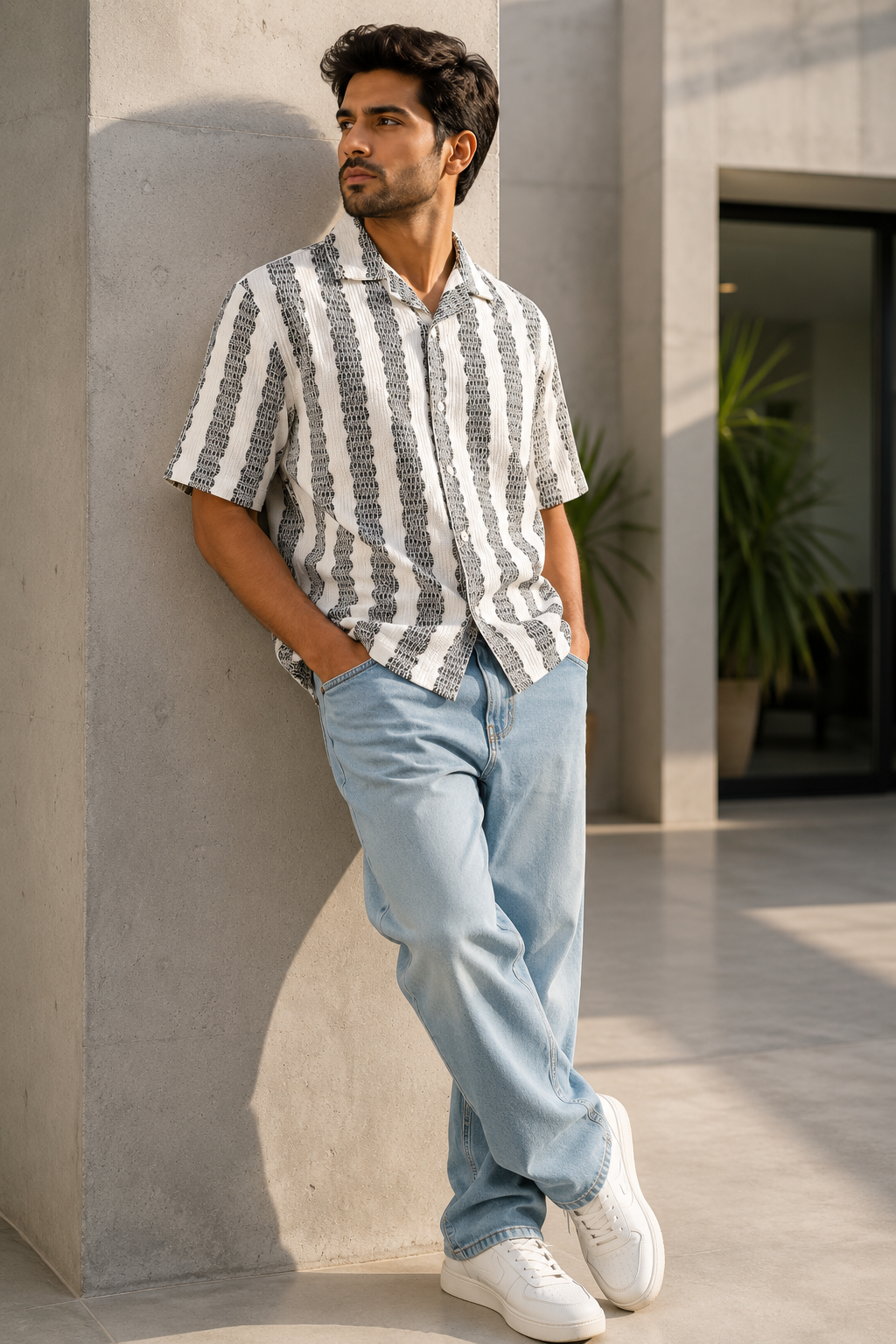 Men's Black Textured Vertical Stripe Cuban Collar Resort Shirt